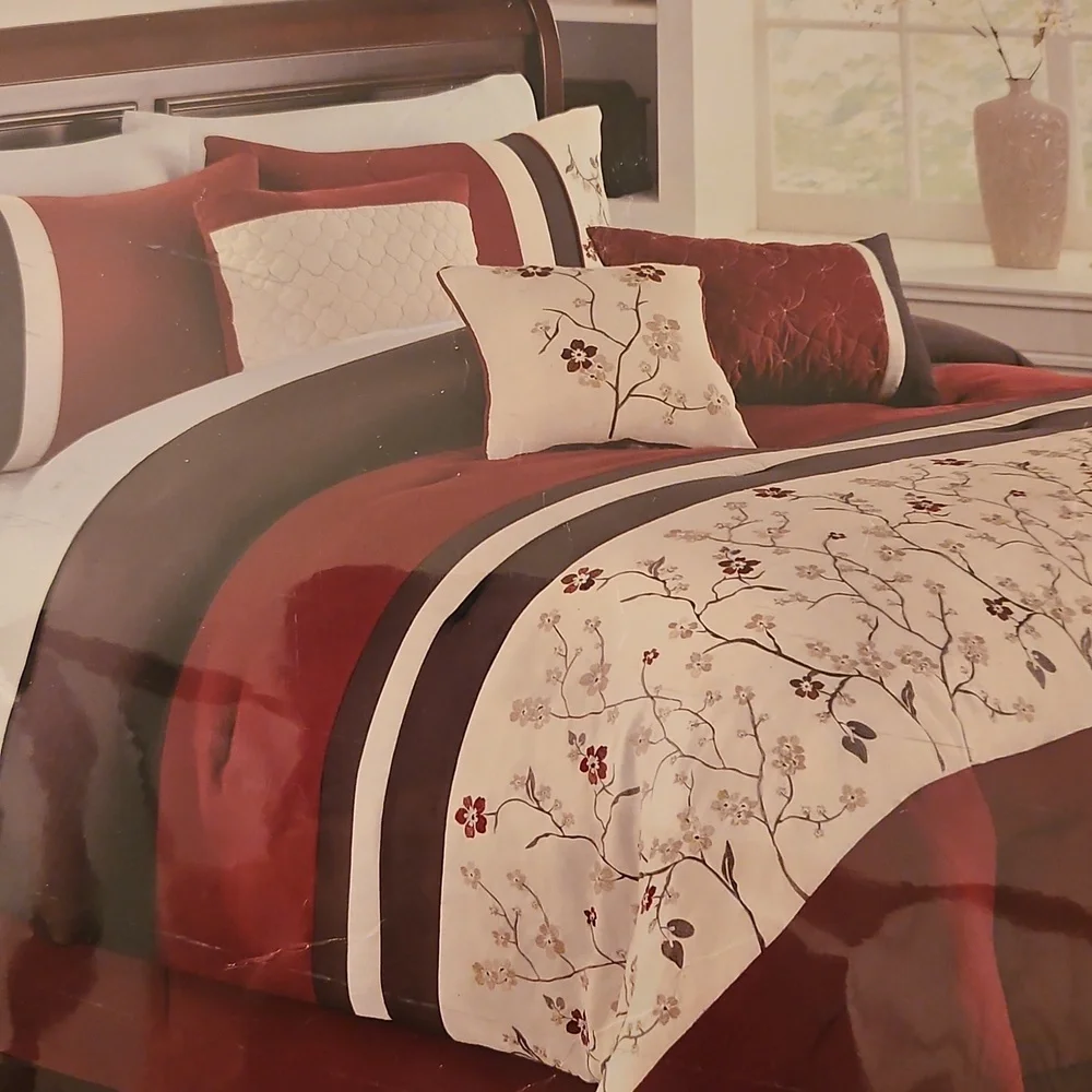 King Size Elegant Floral Embroidered Bedding Set - Red, White And Brown
